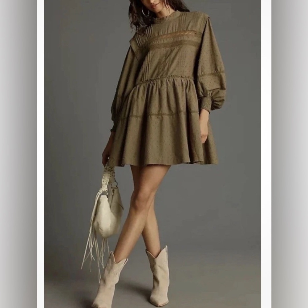 Anthropologie Pilcro Long Sleeve Swing Dress Size S Oversized Mock Neck Olive